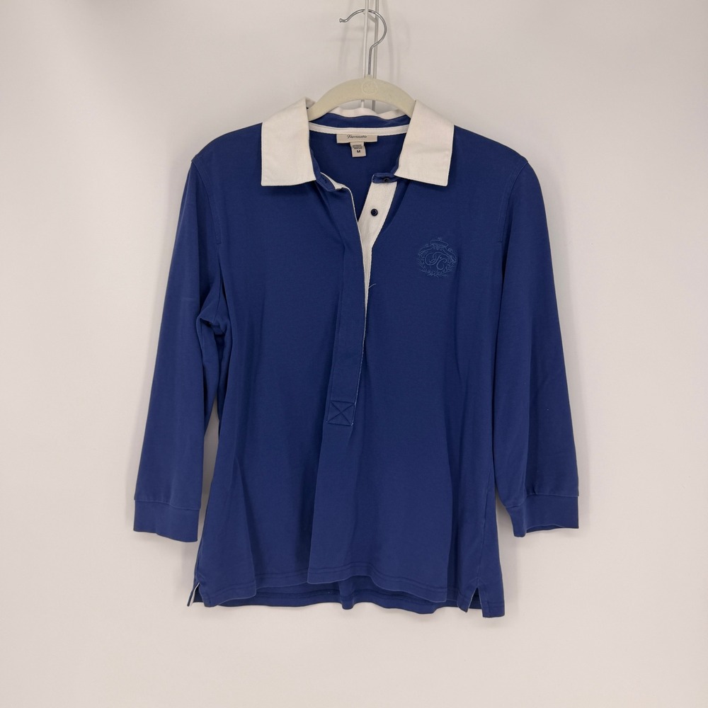 Faconnable Polo Shirt Womens M Blue 3/4 Sleeve Crest Preppy Nautical Embroidered